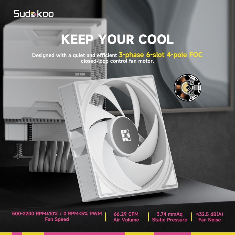 Sudokoo مبرد المعالج SK700 الأبيض AM5: مبرد هواء للمعالج مع 7 أنابيب حرارية حصري لـ AM5 - برج واحد لتبريد الكمبيوتر مع مروحة هادئة FDB PWM بحجم 120 مم وتركيب قفل L-Rail - Image 3